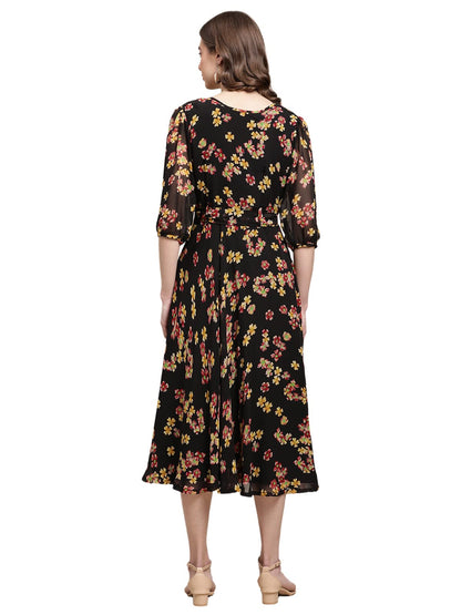 Preneum Womens Maxi Fit & Flare Latest Style Print Georgette Regular Sleeves Casual Summer Maxi Dress || Festival & Occasion, B