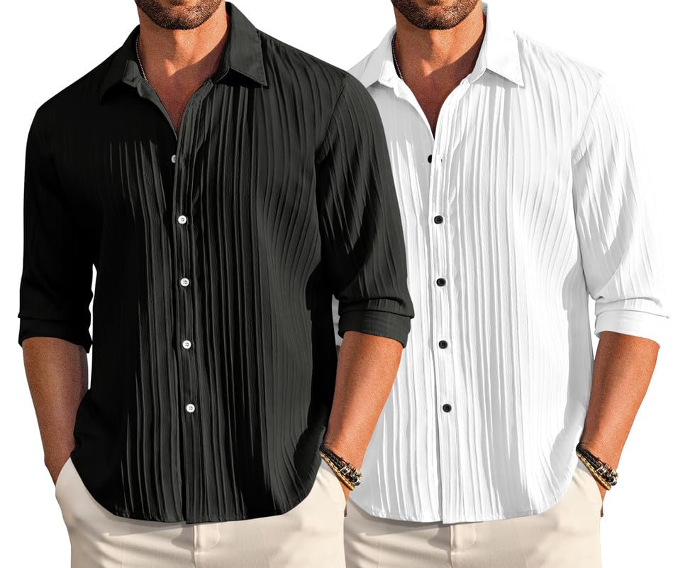 Macsivo Combo Of MenS Casual Button Down Shirts Long Sleeve Linen Shirt Fashion Textured Beach Summer Shirt Pack Of 2