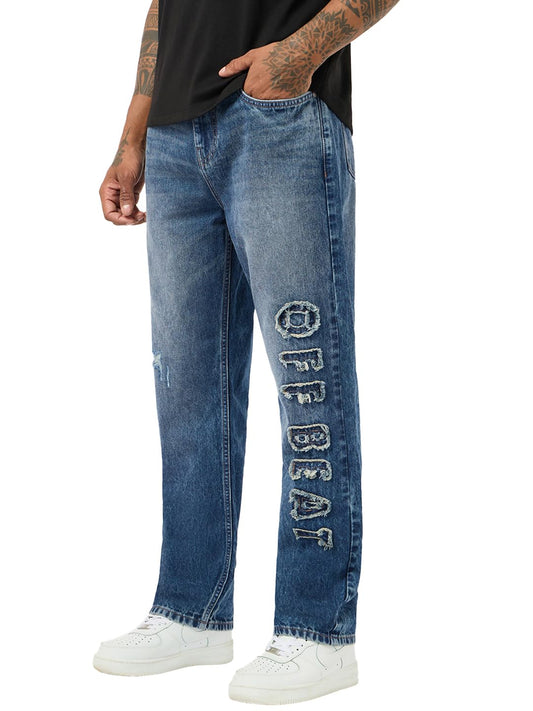 Bewakoof Mens Applique Straight Fit Pure Cotton Washed Jeans_684684_Blue_34