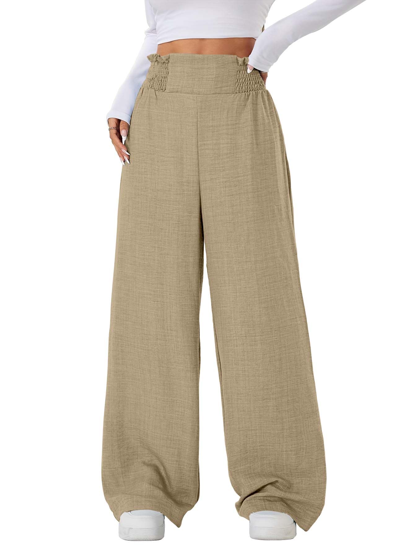 Sugathari Womens Beige Casual Wide Leg Pants  High Waist Elastic Waistband Loose Fit Long Trousers | Lightweight Straight Leg S