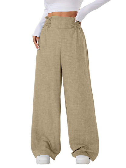Sugathari Womens Beige Casual Wide Leg Pants  High Waist Elastic Waistband Loose Fit Long Trousers | Lightweight Straight Leg S