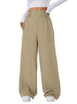 Sugathari Womens Beige Casual Wide Leg Pants  High Waist Elastic Waistband Loose Fit Long Trousers | Lightweight Straight Leg S