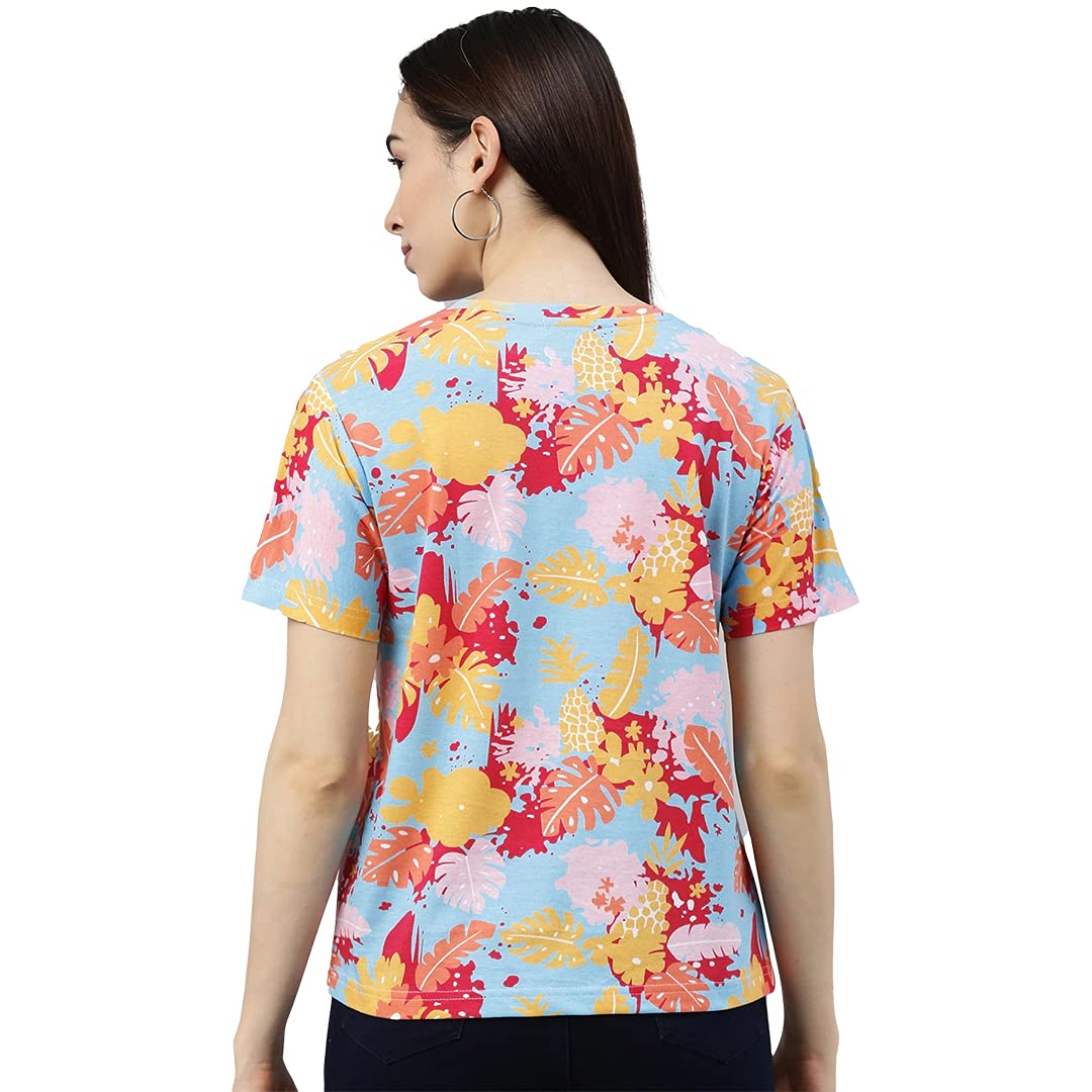 Juneberry Multicolour Cotton Round-Neck T-Shirt With Tropical Print For Women