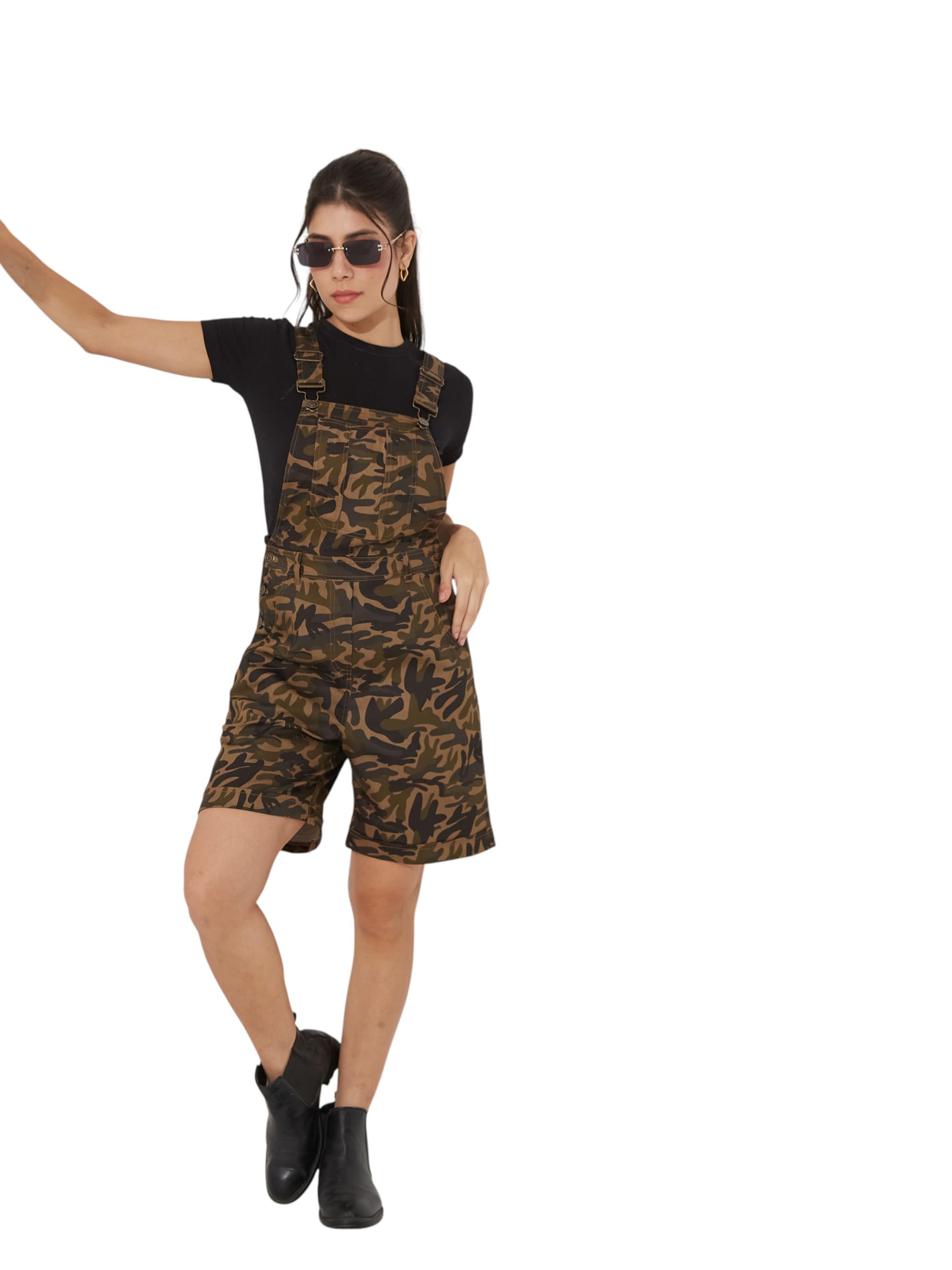 Miss Chase WomenS Square Neck Camouflage Short Dungaree Knee-Long Cotton Dungaree (Mcss25D16-79-560-06, Multicolored Base Olive,