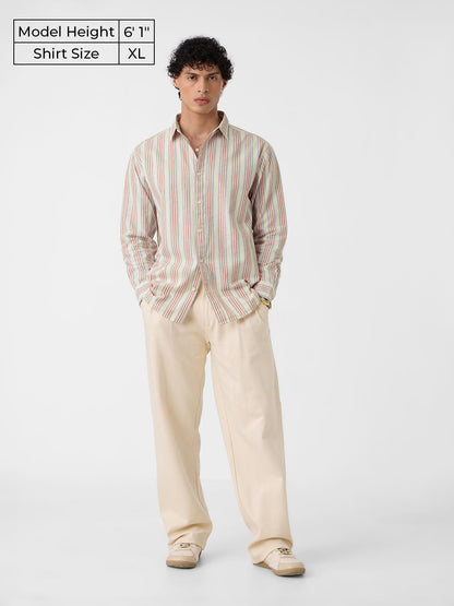 The Souled Store Seaside Stripes Men and Boys Long Sleeves Collared Neck Button Front Beige Regular Fit Cotton Linen Shirts