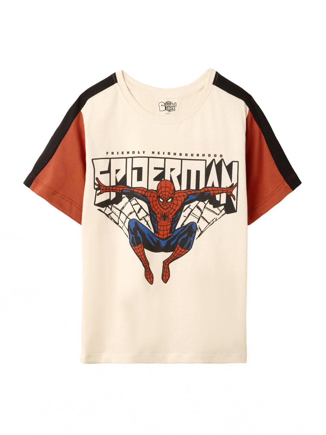 The Souled Store Spider-Man: Friendly Spidey Boys Short Sleeves Round Neck Beige Graphic Printed Regular Fit Cotton T-Shirts (2-