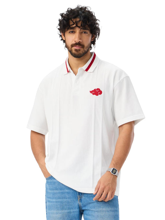 The Souled Store Naruto Shippuden: Akatsuki Outlaws Men and Boys Short Sleeves Collared Neck White Embroidered Cotton Blend Over