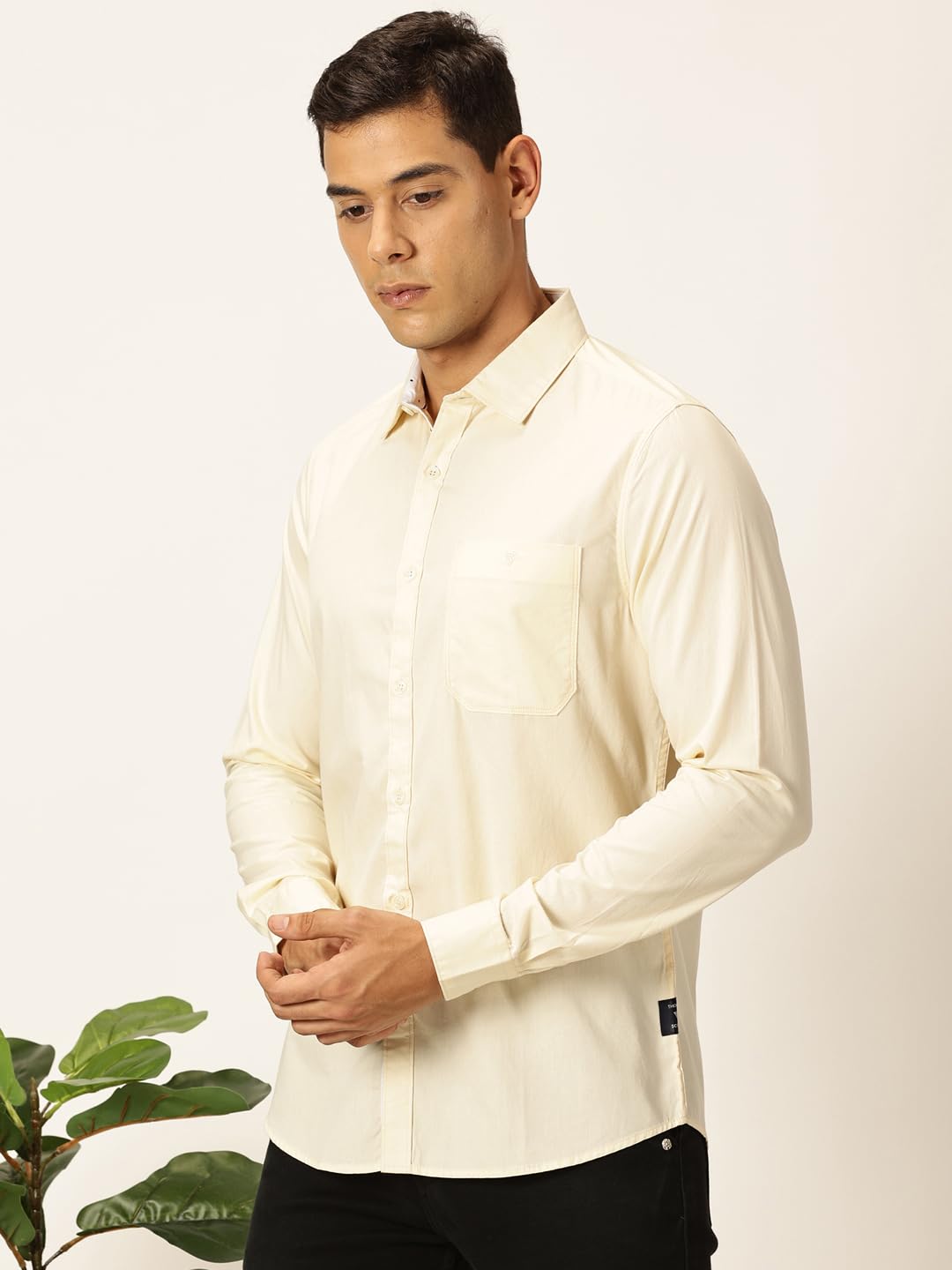 Thomas Scott 100% Cotton Long Sleeve Solid Regular Fit Casual Shirts for Mens Cream
