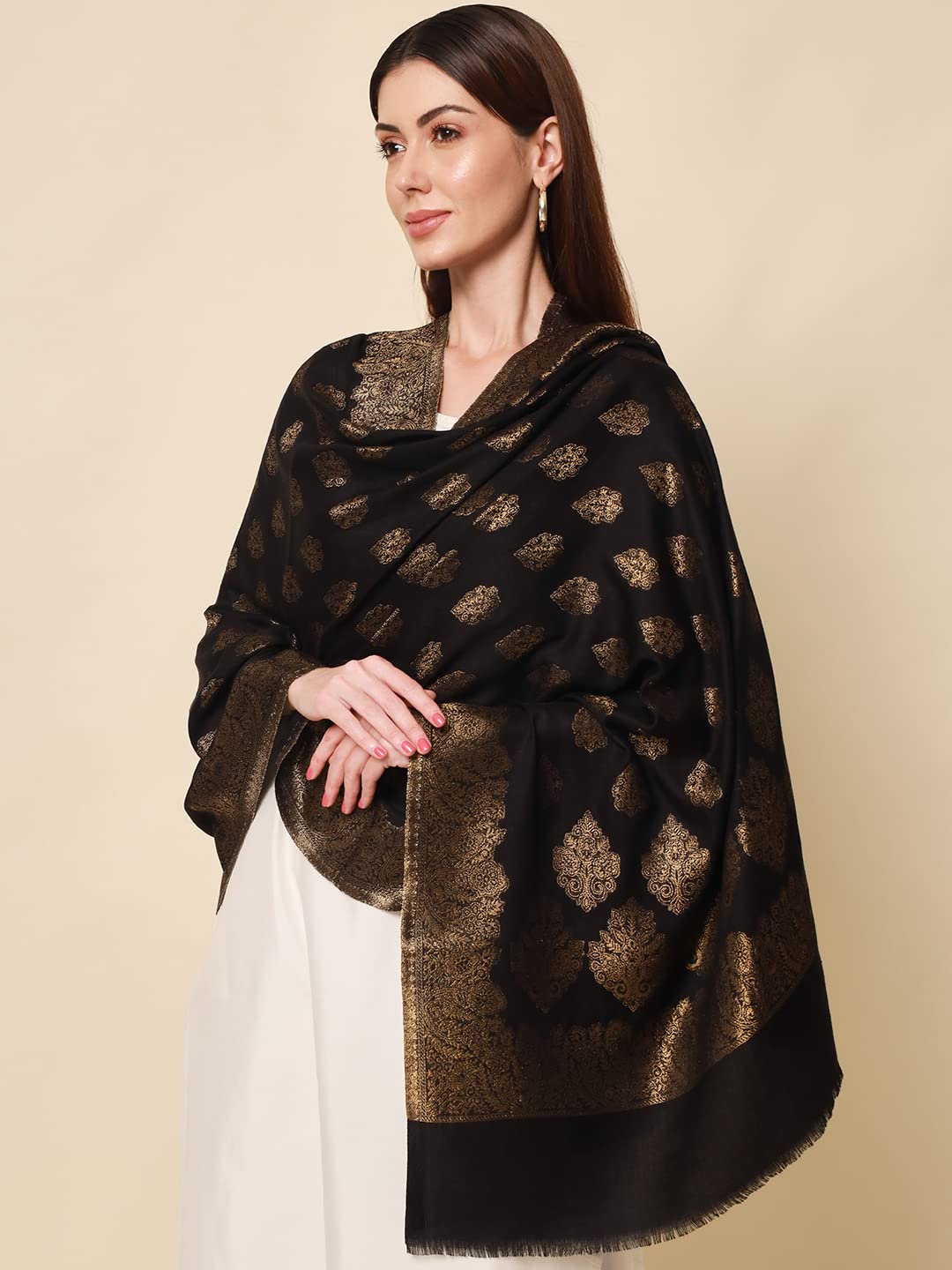 Pashmoda Women Nargis Kaani Stole with Silky Zari Weave, (Size 72X208 CM)