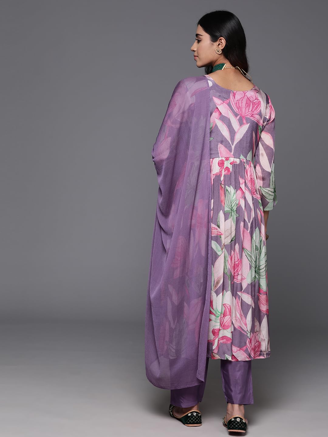 VARANGA Women Mauve Floral Printed Pure Silk Chinon Embroidered V-Neck Aliya Cut Kurta Paired With Tonal Bottom And Dupatta