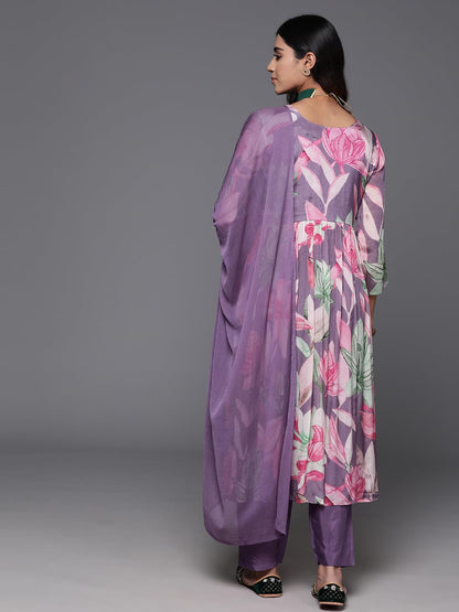 VARANGA Women Mauve Floral Printed Pure Silk Chinon Embroidered V-Neck Aliya Cut Kurta Paired With Tonal Bottom And Dupatta