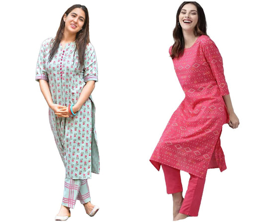 ANNI DESIGNER Women's Cotton Blend Printed Straight Kurta with Pant Pack of 2 (Combo-Disini-Excel Pink)