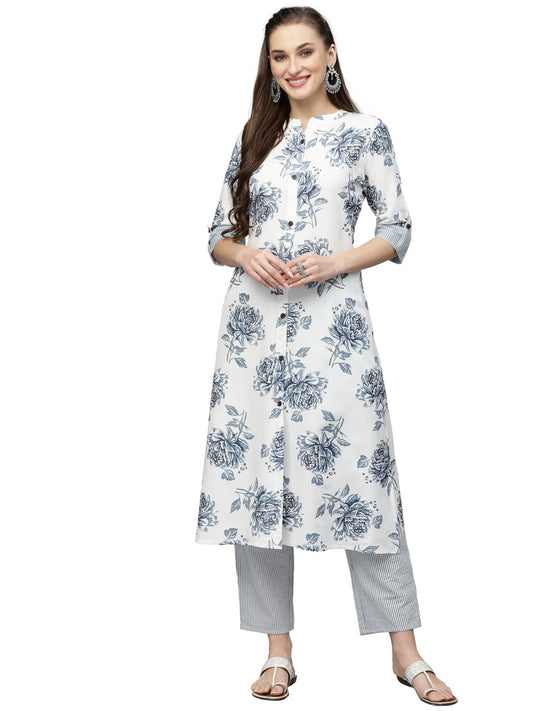 Stylum Women's Printed Rayon A-Line Kurta (White)