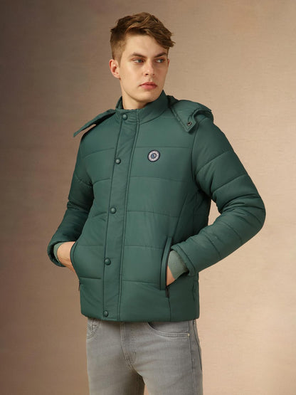 Dennis Lingo Men Teal Solid Regular Fit Full Sleeve Hooded Padded Jacket