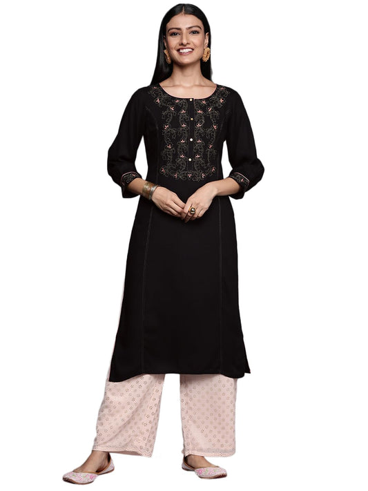 Libas Black Printed Rayon Straight Kurta