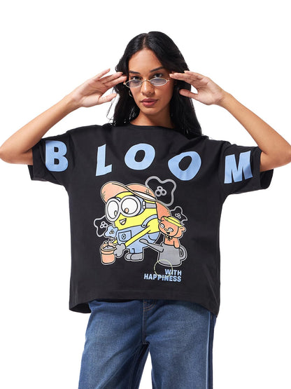 Bewakoof Official Minions Merchandise Womens Graphic Printed Oversized Fit Half Sleeve Round Neck Cotton Jersey T-Shirt_642125_