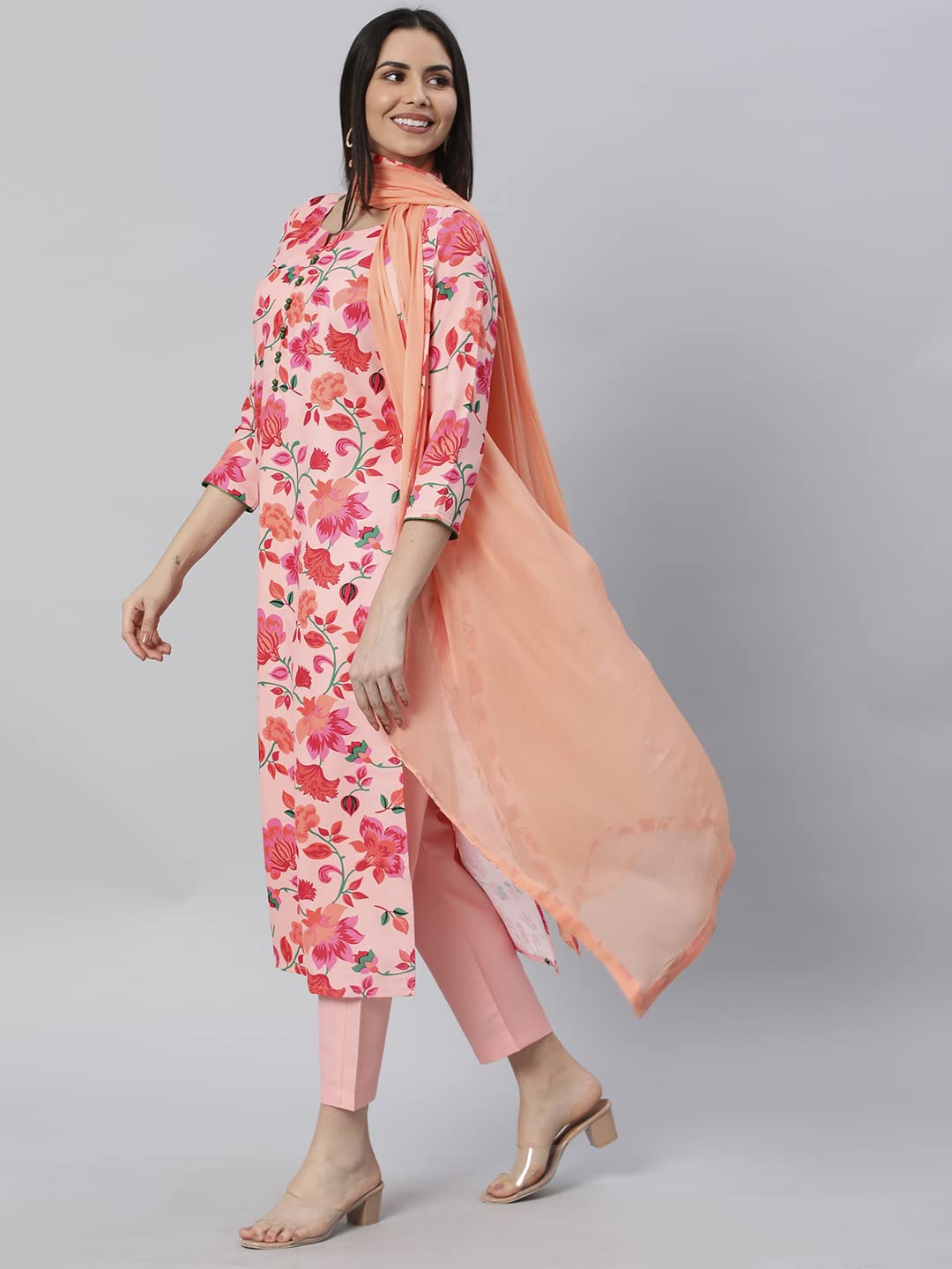 GoSriKi Women's Cotton Blend Printed Straight Kurta with Pant & Dupatta (Water-Peach-GS)