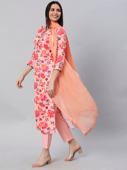 GoSriKi Women's Cotton Blend Printed Straight Kurta with Pant & Dupatta (Water-Peach-GS)