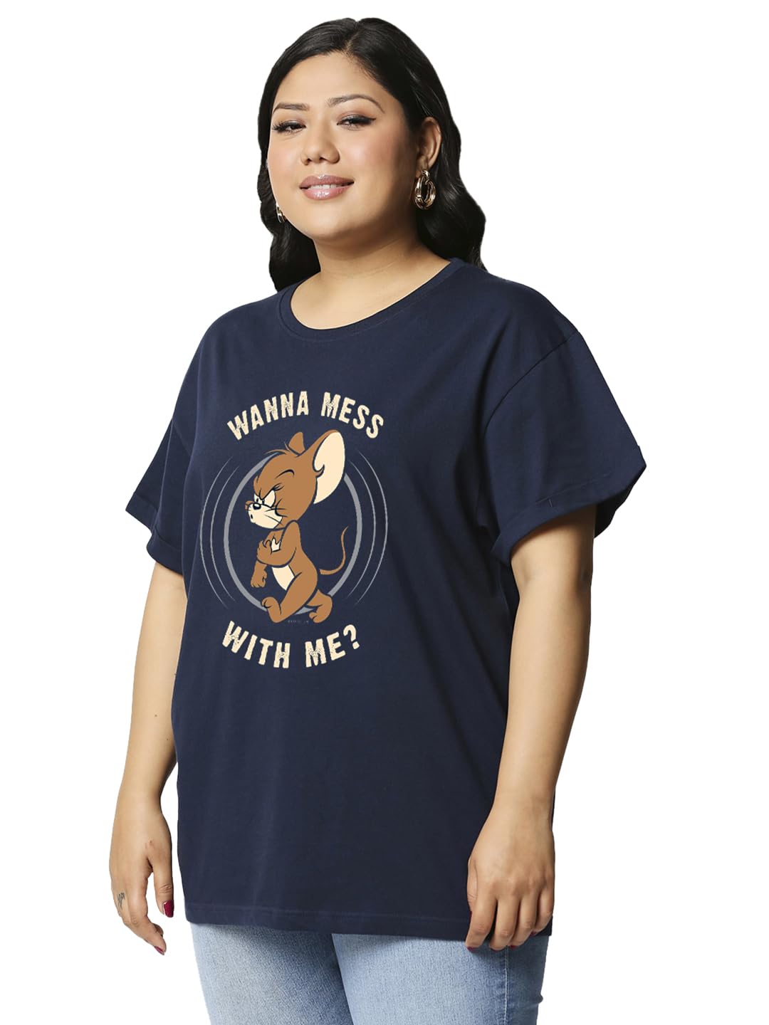 Bewakoof Official Tom & Jerry Merchandise WomenS Graphic Print Boyfriend Fit Half Sleeve Round Neck Cotton Plus Size T-Shirt_634
