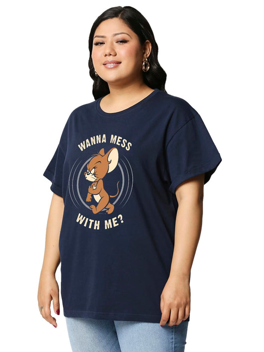 Bewakoof Official Tom & Jerry Merchandise WomenS Graphic Print Boyfriend Fit Half Sleeve Round Neck Cotton Plus Size T-Shirt_634
