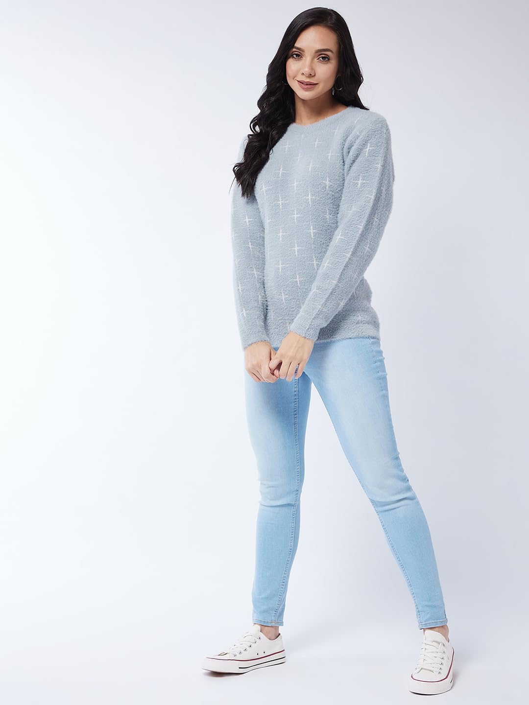 Modeve Women All Over Print Light Grey Sweater