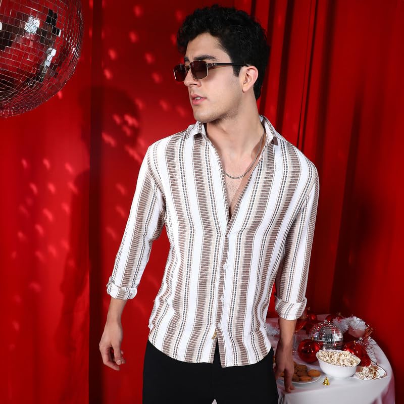 Campus Sutra Mens Cream White & Chestnut Brown Indie-Striped Shirt for Casual Wear | Spread Collar | Long Cuffed Sleeves | Butt