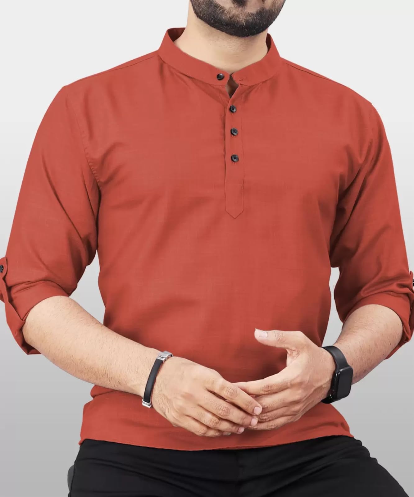 Deemoon MenS Cotton Blend Kurta With Solid Regular Fit Mandarin Collared Neck Full Sleeve And Waist Length | Kurtas For Men | D