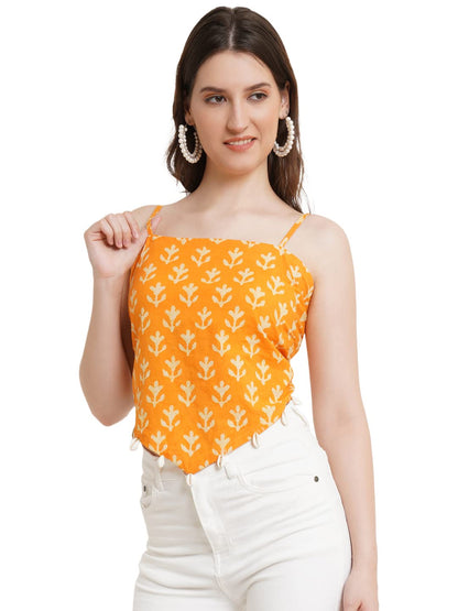 POPWINGS Casual Hankie Cotton Sustainable Bagru Print Crop Top for Women || Square Neck Crop Top for Women || Sleeveless Crop To