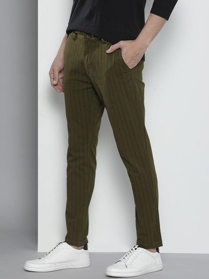 The Indian Garage Co Men Slim Fit Striped Mid-Rise Stretchable Chinos Olive