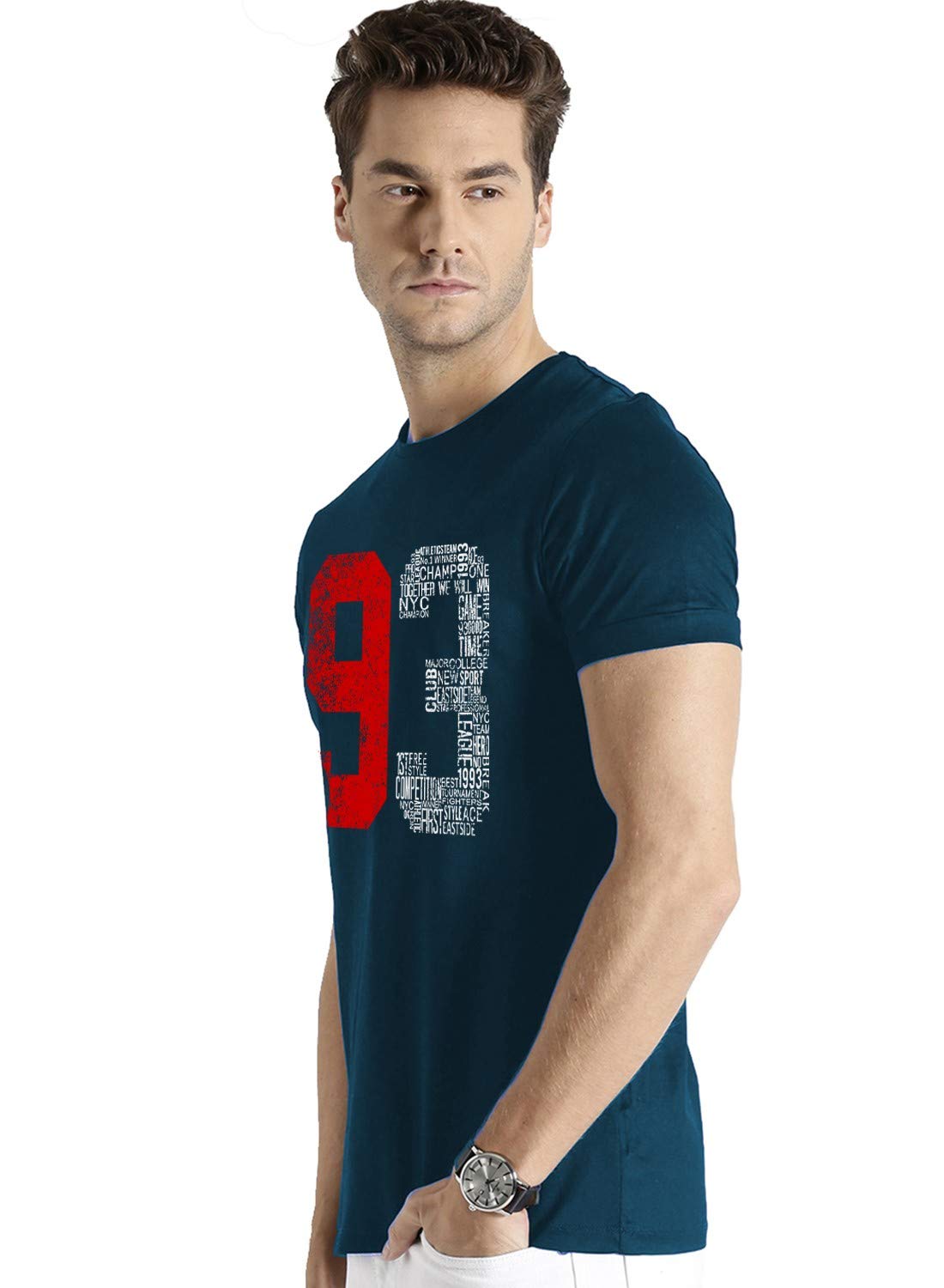 ADRO Men's 93 Number Printed Cotton T-Shirt (Steel Blue)