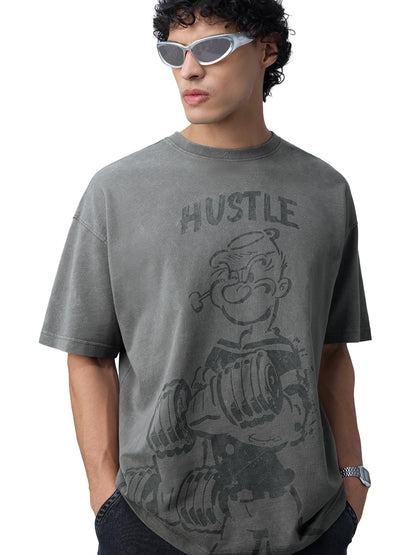 The Souled Store Popeye: Hustle Men and Boys Short Sleeves Round Neck Grey Graphic Printed Cotton Oversized T-Shirts
