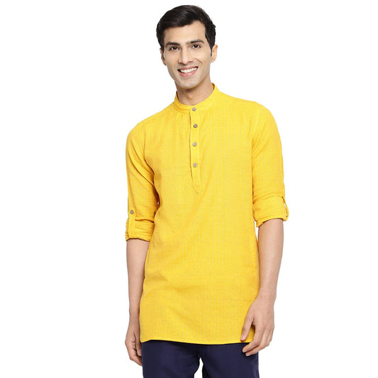 Fabindia MenS Cotton Dobby Slim Kurta (102895301_Yellow
