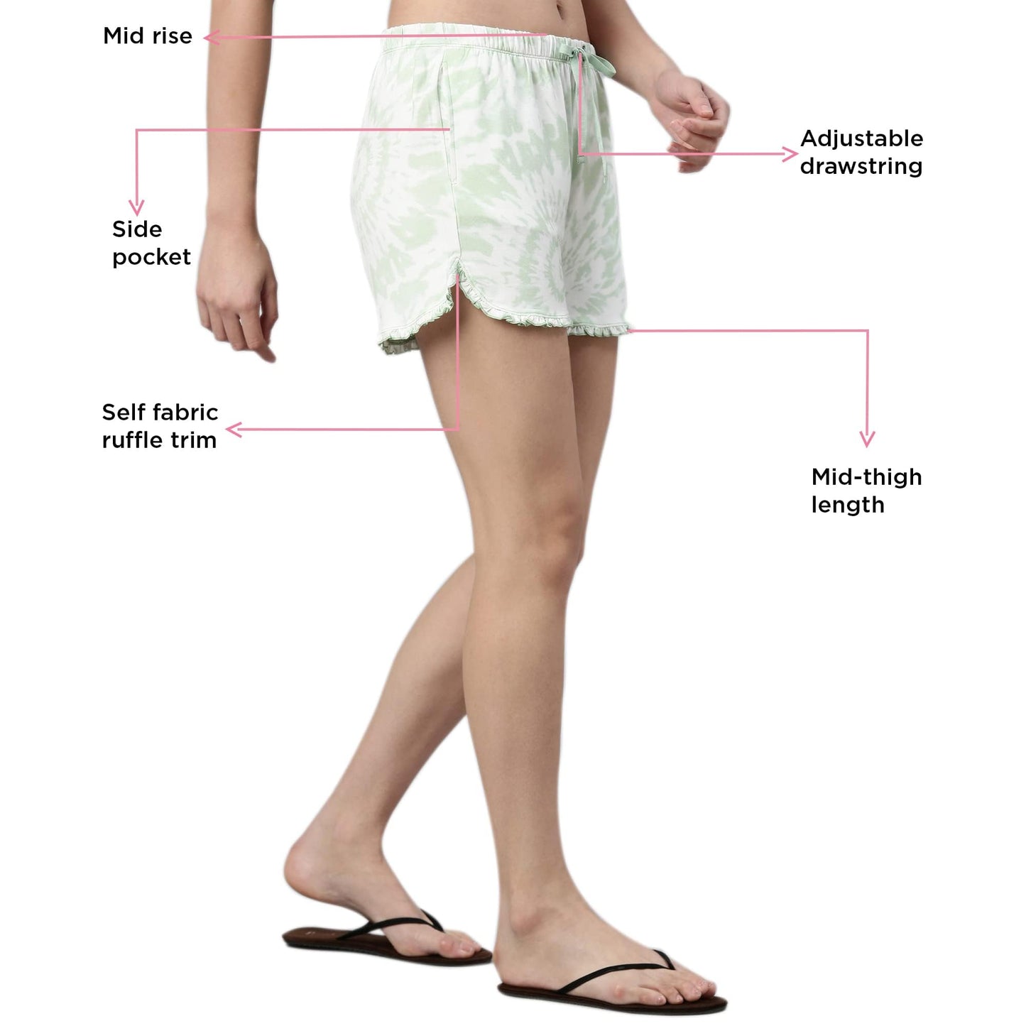 Enamor EC14 Tie & Dye Printed Home Tee and Shorts Set for Women with Ruffled Trim
