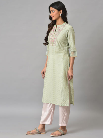 W for Woman Light Green Embroidered Kurta in Round Neck