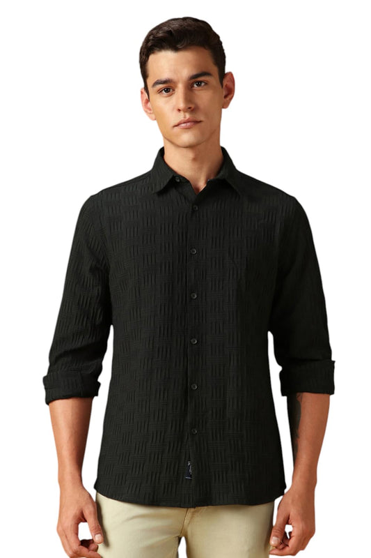 Dennis Lingo Men Textured Cotton Poly Regular Fit Full Sleeves Shirts Black