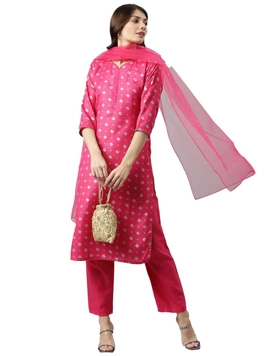 ANNI DESIGNER Womens PolyCotton Straight Printed Kurta with Pant & Dupatta (Parveena Pink_L_NEW01_Pink_Large)