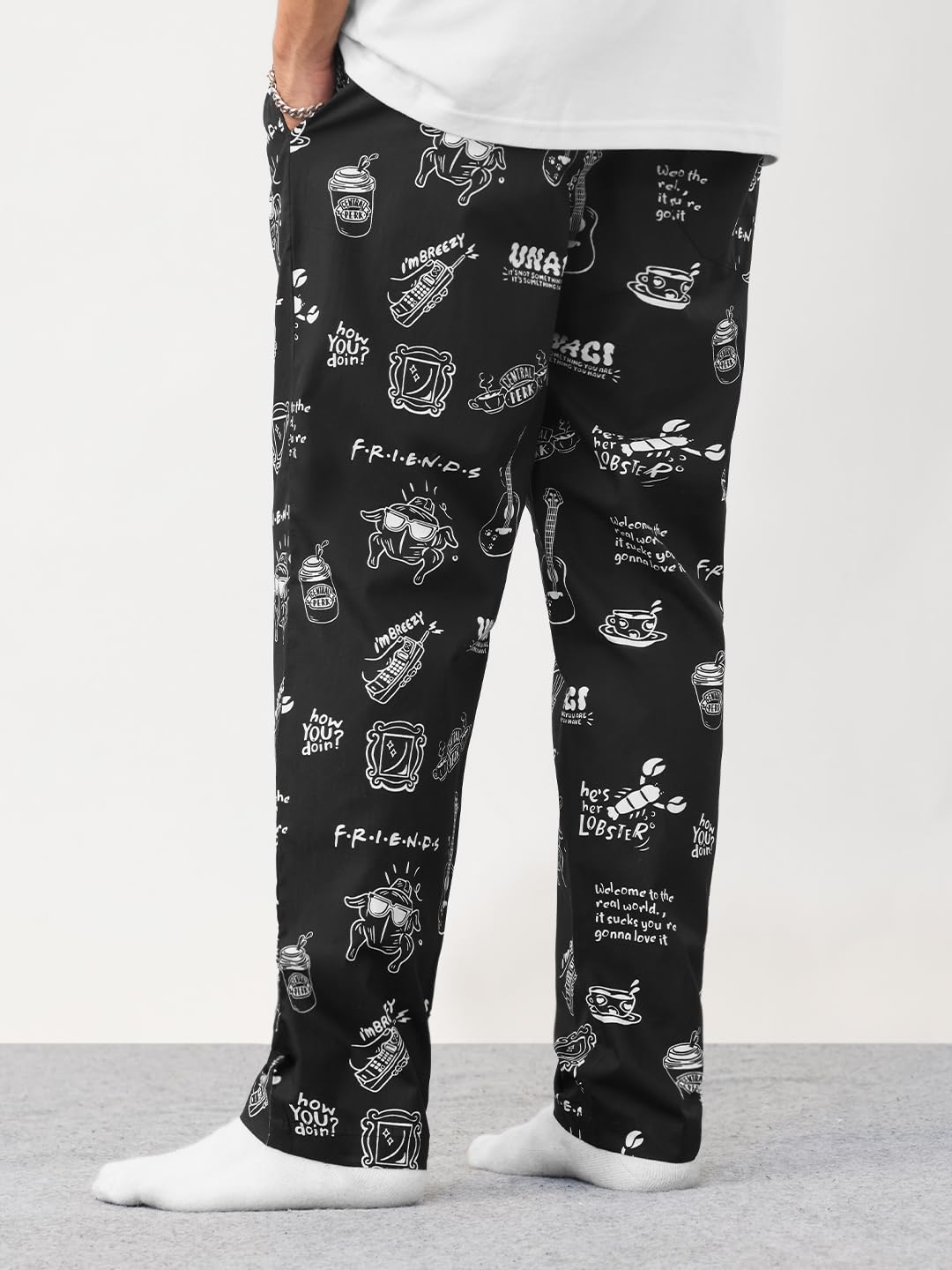 The Souled Store FRIENDS: Doodle Men and Boys Drawstring Waist Black All Over Printed Cotton Regular Fit Lightweight All-Season