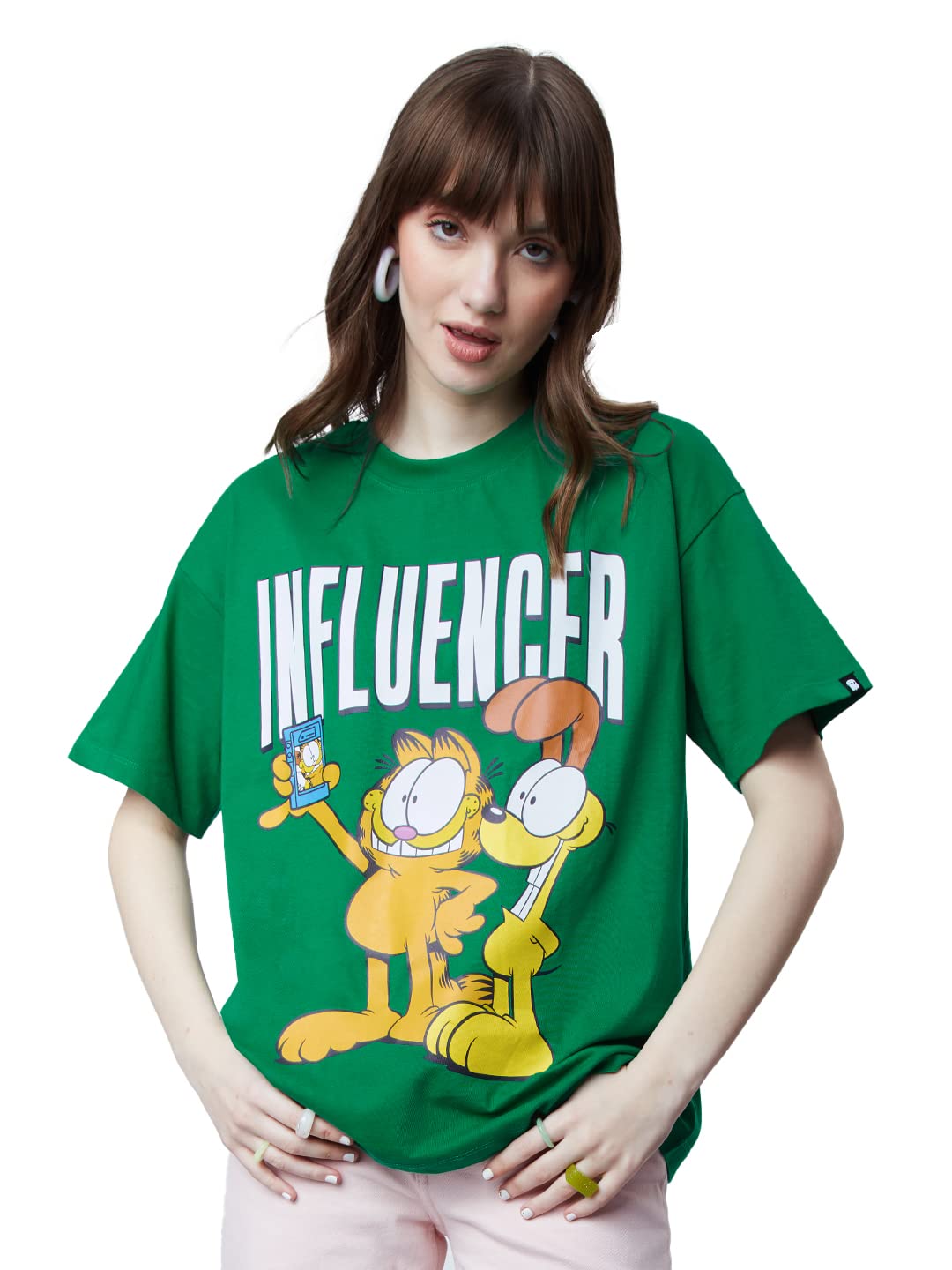 The Souled Store Official Garfield: Influencer Women and Girls Short Sleeves Round Neck Green Graphic Printed Cotton Oversized T