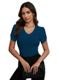 Sugathari Girls & Womens Indigo Blue Eyelet Embroidery Knitted V Neck Casual Slim Fit Women T-Shirt, Short Sleeve Schiffli Cro