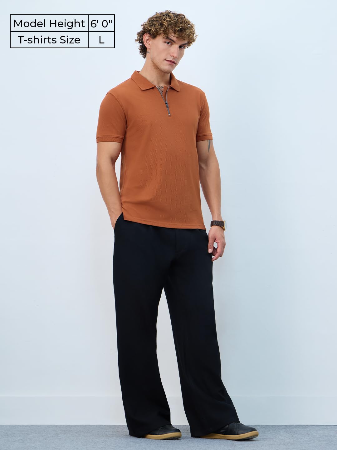 The Souled Store Textured Polo: Burnt Orange Men and Boys Short Sleeves Collared Neck Solid Cotton Blend Regular Fit Zipper Polo