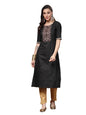 Stylum Womens Woven Design & Embroidered Lurex Cotton Straight Kurta Black