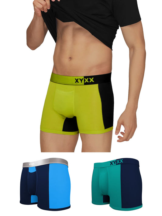 XYXX Mens Underwear Dualist IntelliSoft Antimicrobial Micro Modal Trunk Pack of 3 (Lime Punch & Black ; Navigate & Black Iris ;