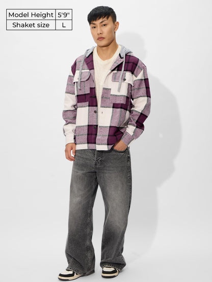The Souled Store Plaid Hooded Shacket: Mauve Mist Men and Boys Long Sleeves Hooded Neck Button Front Cotton Oversized Shackets