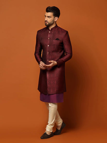 Kisah MenS Maroon Indo-Western Kurta Sherwani Churidar Set Cotton Full Sleaves, Knee Length, Straight, Regular Fit, Mandarin Co