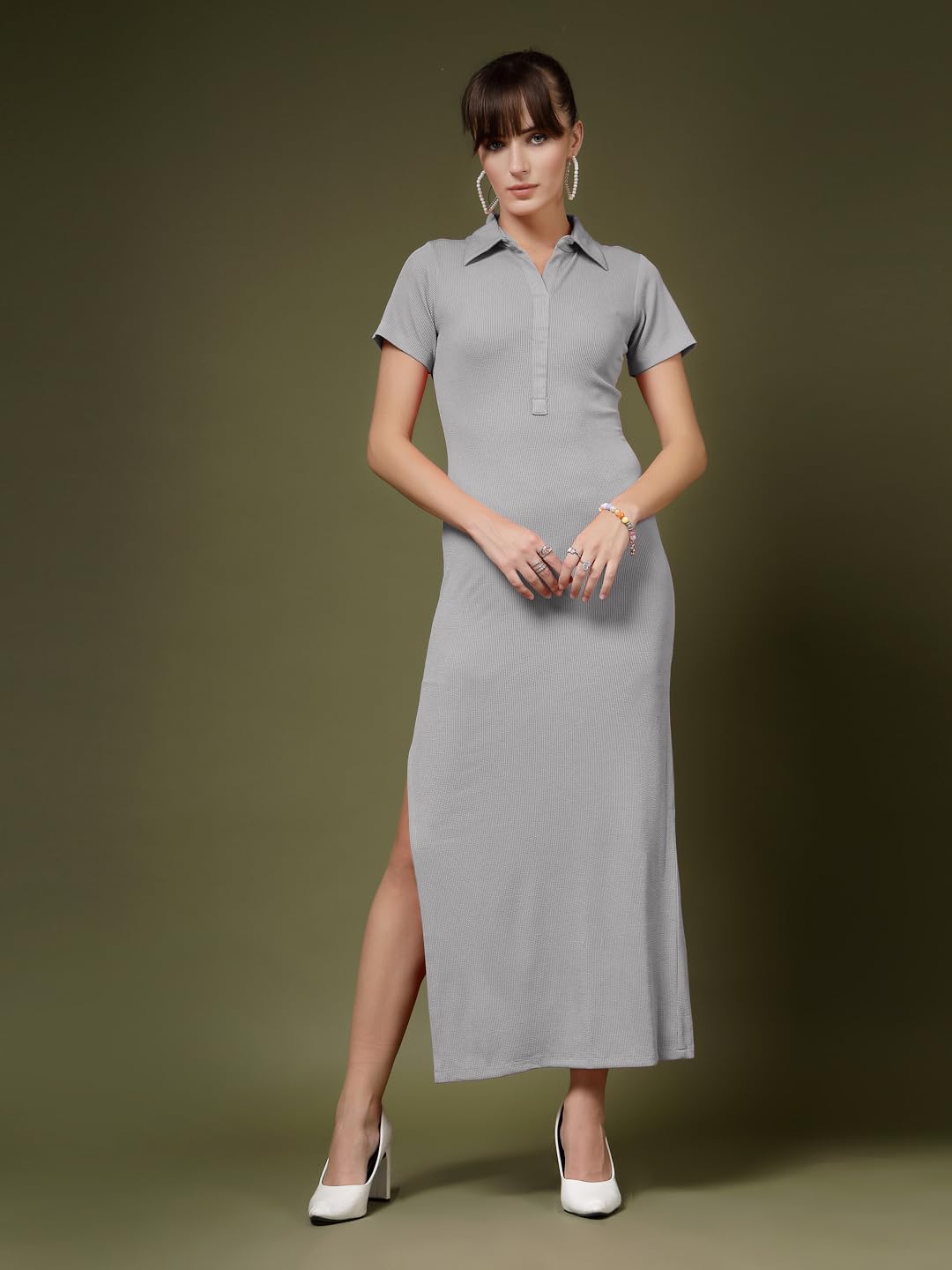Oomph! WomenS Western & Fusion Wear Stretchable Ribbed Lycra Shirt Dress For Women, Bodycon, Grey - Md1118