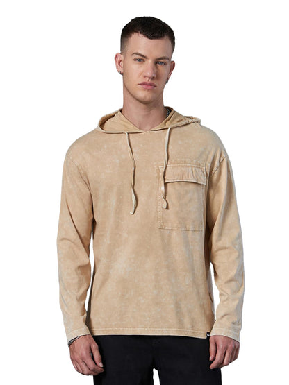 Bewakoof Mens Self Design Oversized Fit Full Sleeve Cotton Acid Wash Hoodie T-Shirt_617103_Brown_XL