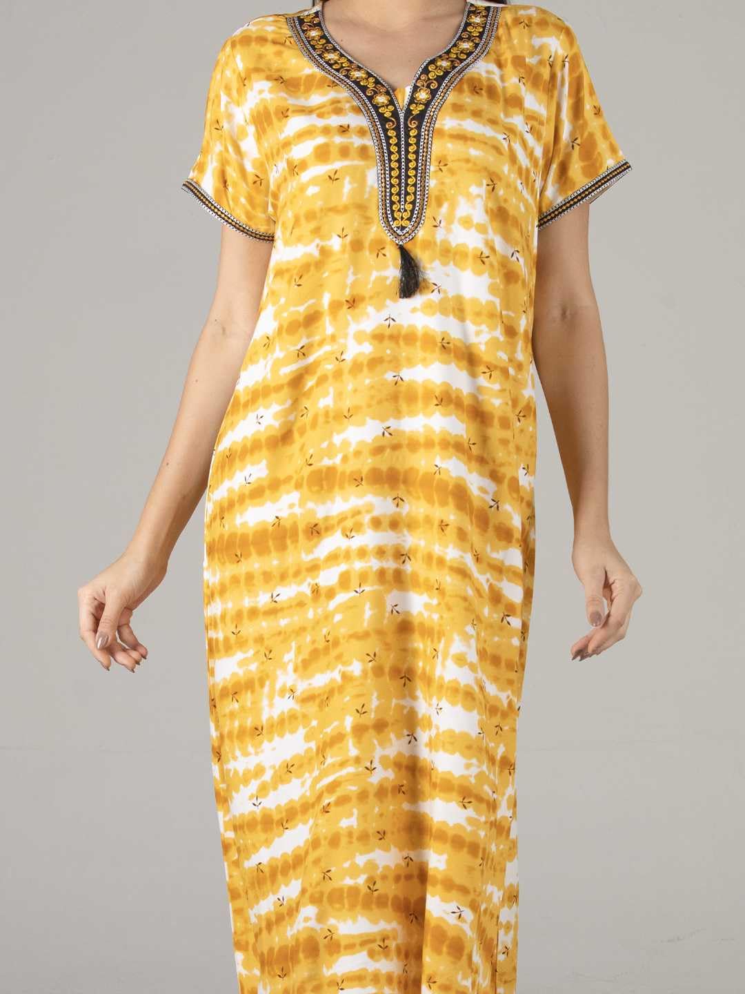 Evolove WomenS Viscose Liva Long Maxi Night Gown Nighty Dress With Pocket, Super Soft Comfortable (Mustard & White, Lngry3039Md