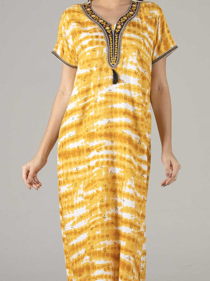 Evolove WomenS Viscose Liva Long Maxi Night Gown Nighty Dress With Pocket, Super Soft Comfortable (Mustard & White, Lngry3039Md