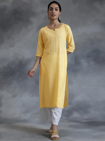 Libas WomenS Cotton Woven Design Straight Kurta (26977_Yellow