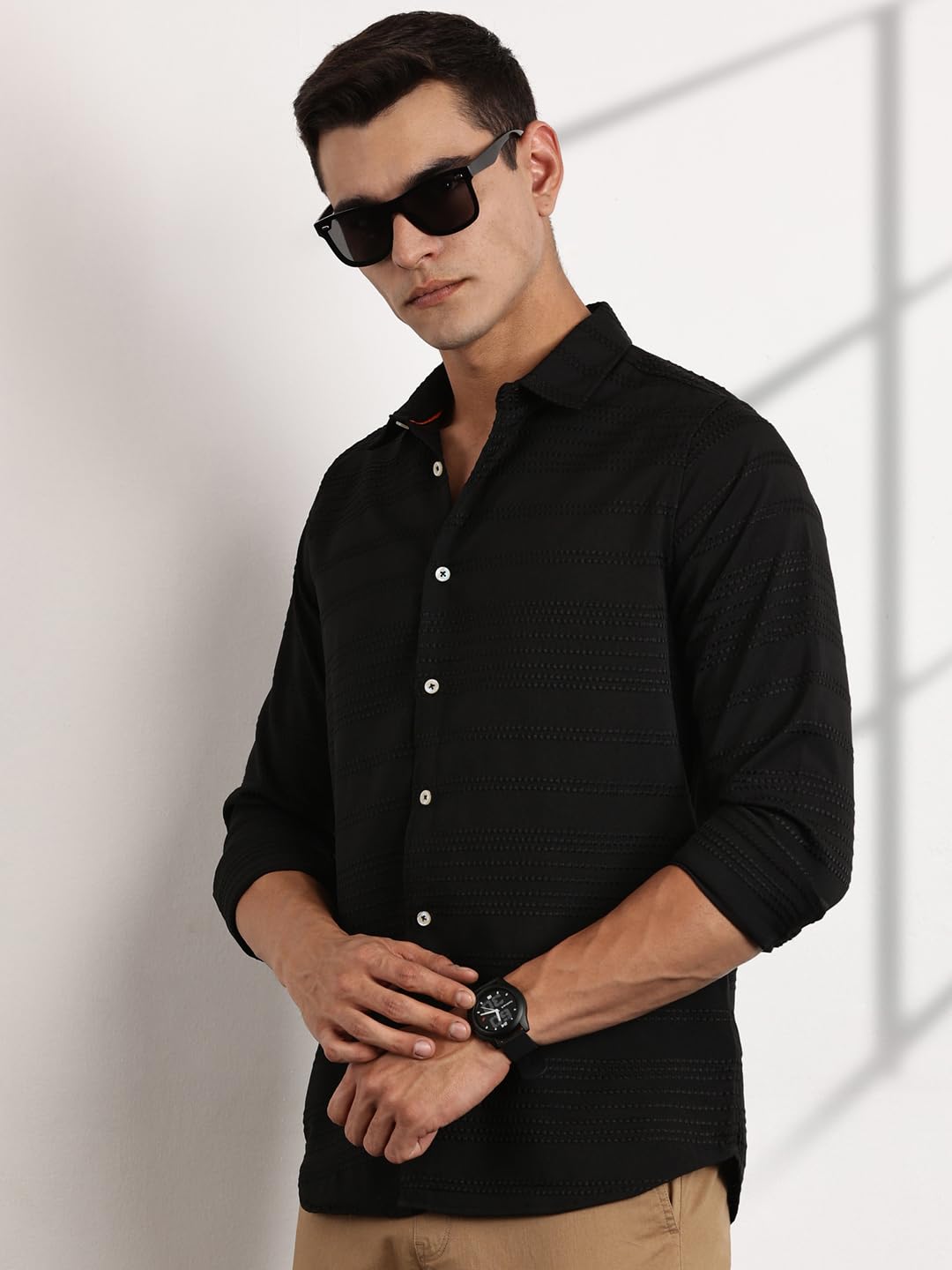Thomas Scott Long Sleeve Embroderied Casual Shirt for Men Black